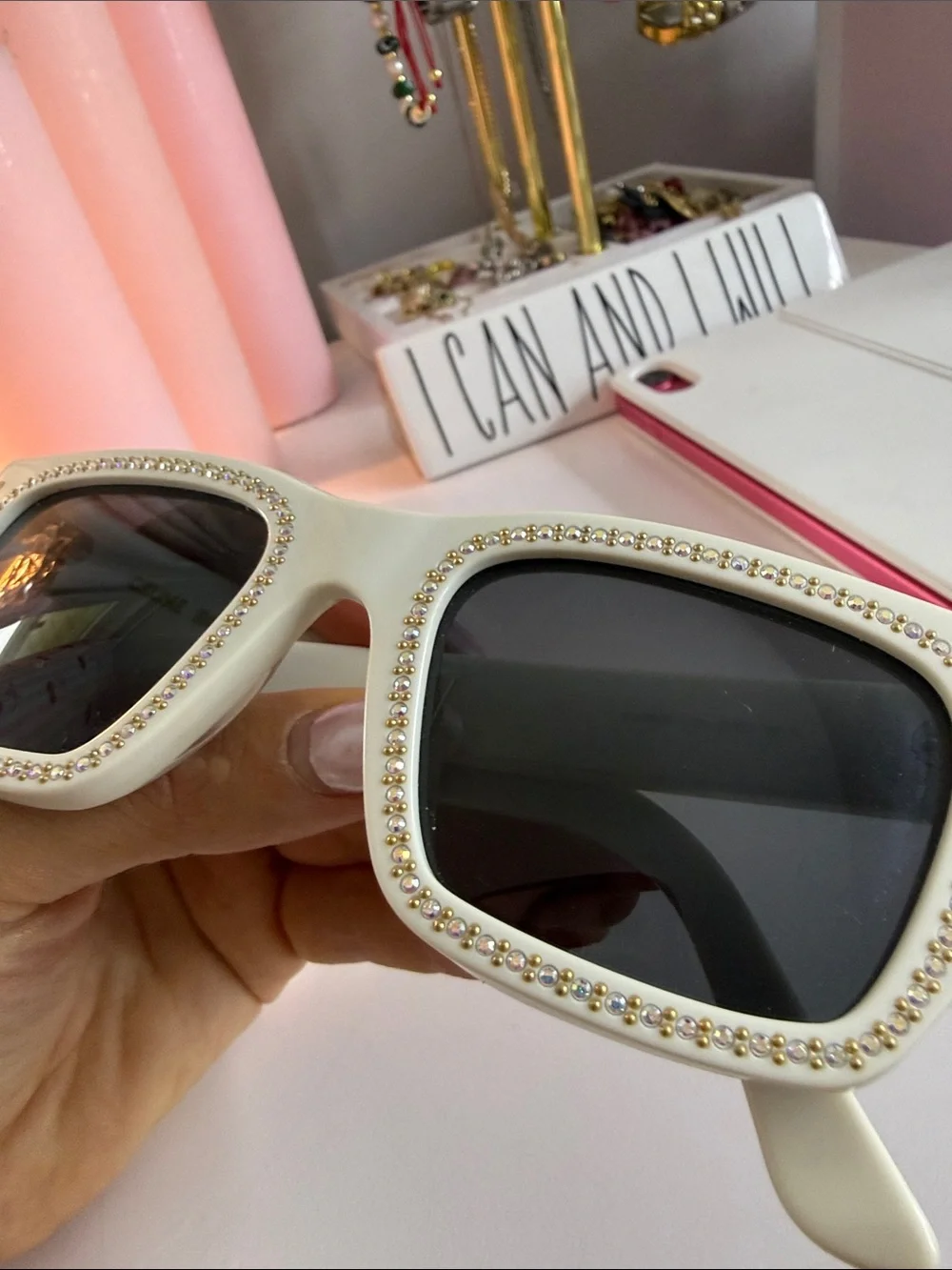 Celine White Rectangular Sunglasses with Crystal Trim and Dark Lenses